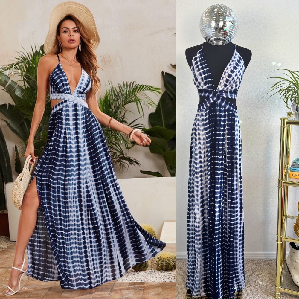 Shibori Navy Tie Dye Cut Out Maxi Dress | Size Large, Boho Halter Lace Up Back